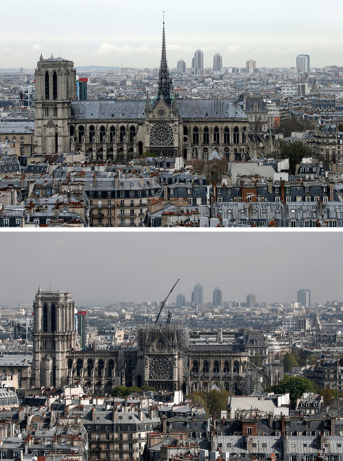 Notre-Dame pred a po požiari.