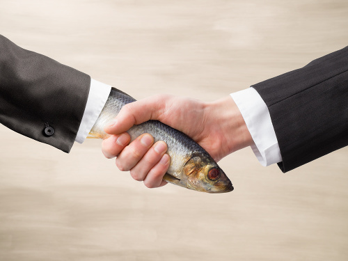Businessman receives dead fish handshake.