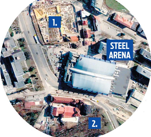 Steel Arena. 1.Business centrum, 2. Stará sladovňa.