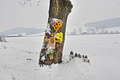 Strom, do ktorého narazilo auto, je teraz ozdobené kvetmi, kahancami i dreveným krížom s Marianninou († 17) fotkou.