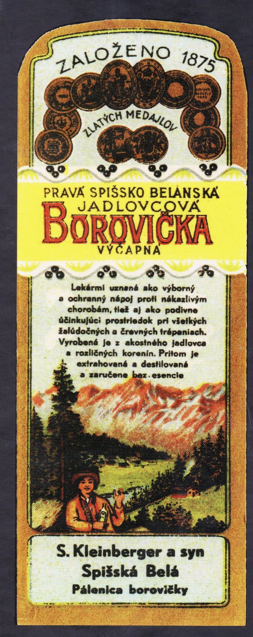 Dobové etikety: Borovičku vyrábali najmä židovskí liehovarníci. Predávala  sa aj kóšer borovička. 