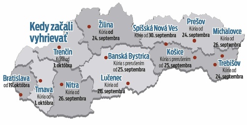 Mapa dátumov začatia vyhrievania na Slovensku.