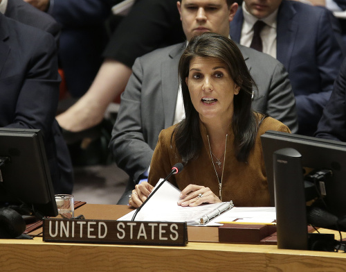 Americká veľvyslankyňa pri OSN Nikki Haleyová počas zasadnutia BR OSN o situácii v Sýrii v sídle OSN v New Yorku
