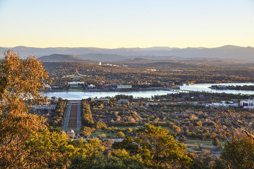 Canberra, Australia, 12 June 2016. From Mount Ainslie, it a strategic position to enjoy the sunset over Canberra city and the Brindabella hills.