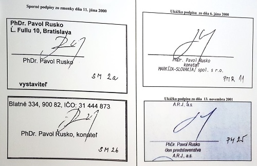 Sporné zmenky podpísané Ruskom (vľavo) a ukážky reálnych podpisov Ruska z roku 2000 a 2001 (vpravo).