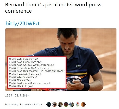 Bernard Tomic bol na pozápasovej tlačovke stručný.