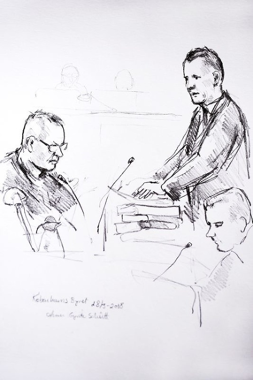 Vynálezca Peter Madsen (vľavo) na skici zo súdneho pojednávania.