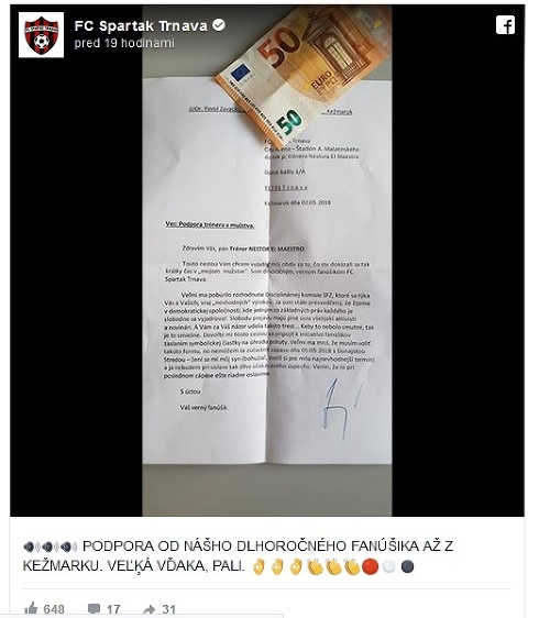 Takýto list a 50 eur poslal trnavského koučovi fanúšik.
