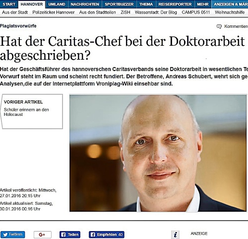 Článok o možnom plagiátorstve Andreasa Schuberta vyšiel na webe Hannoversche Algemaine Zeitung.