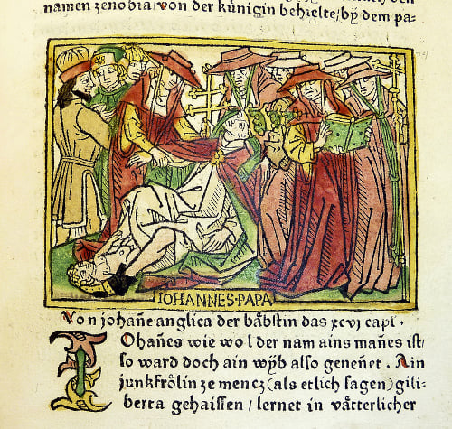 PÔROD: Ilustrácia príbehu Giovanniho Boccacciho z roku 1474 zachytáva moment pôrodu pápežky.