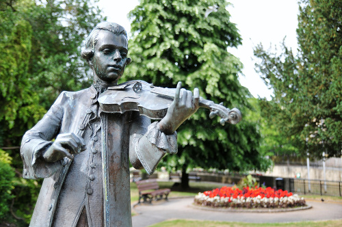 Old Bronze Statue in a Public Park of a Young Musician Playing a Violin