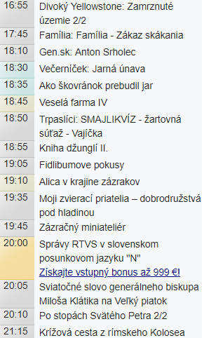 Televízny program v čase duelu medzi  HK Nitra - HC ‘05 iClinic Banská Bystrica.