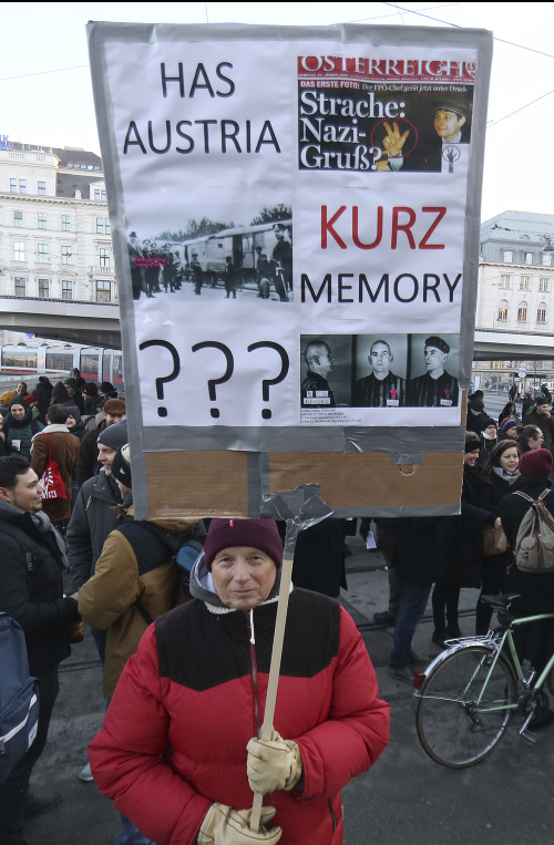 Demonštrant drží plagát počas demonštrácie pred slávnostným sľubom novej rakúskej koaličnej vlády.