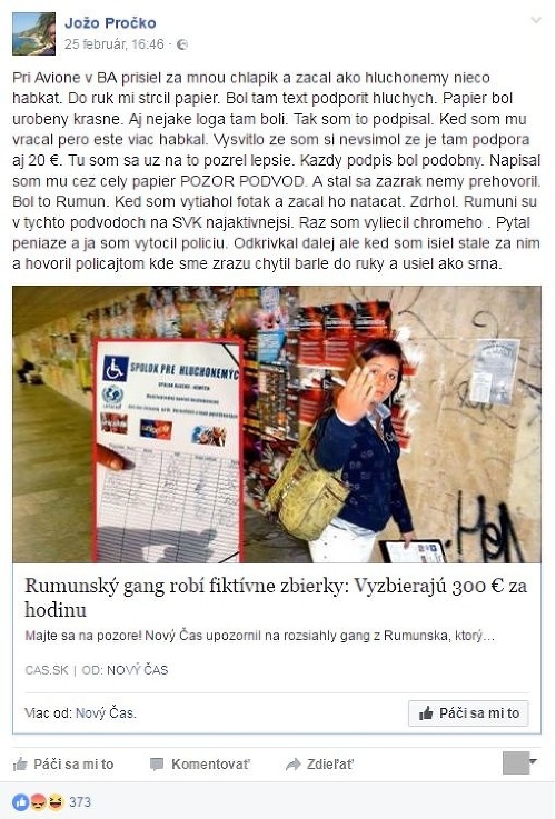 Pohoršený status Joža Pročka z Facebooku.