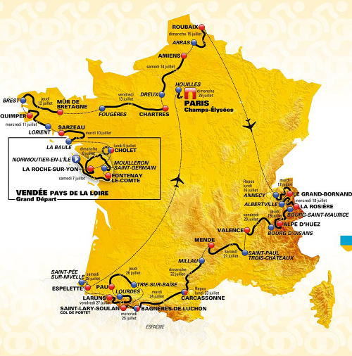 Mapa pretekov Tour de France 2018.