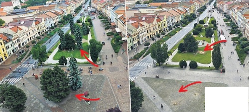 Hlavná ulica v Prešove pred a po víchrici.