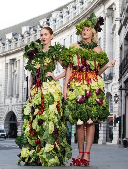 Šaty vyrobené zo zeleniny a ovocia.