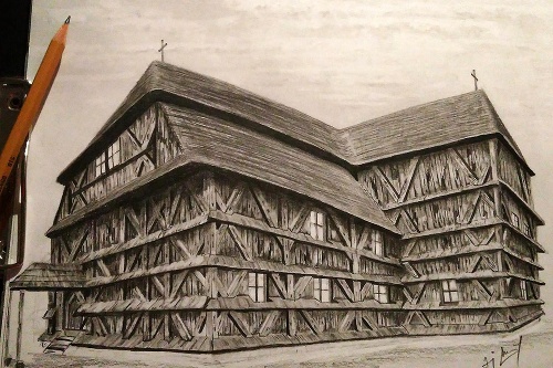 Kresba: Drevený artikulárny kostol Hronsek.