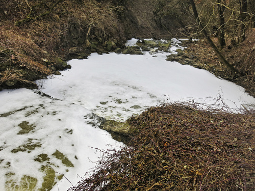 Potok pri Nižnom Hrušove pokryla zapáchajúca pena podobná šľahačke.