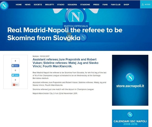 Aj klubový web Neapola si mýli Slovensko so Slovinskom.