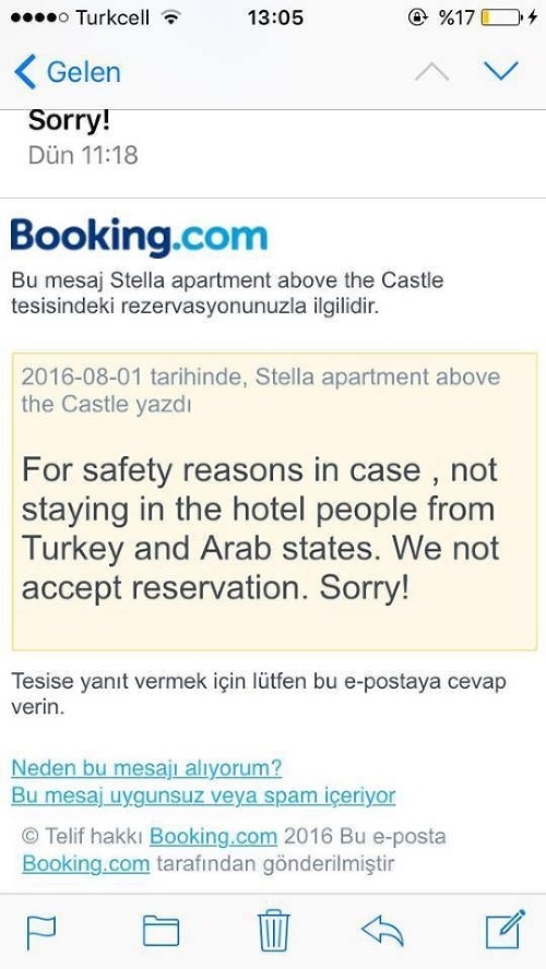 Túto správu dostali tureckí študenti z penziónu: Z bezpečnostných dôvodov neubytuvávame ľudí z Turecka a arabských krajín. Neakceptujeme vašu rezerváciu. Prepáčte. 