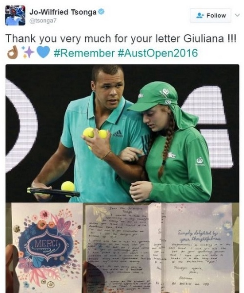 Jo-Wilfried Tsonga za list Giuliane poďakoval cez sociálnu sieť.