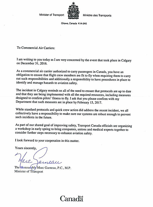 List, ktorý Garneau adresoval leteckým spoločnostiam.