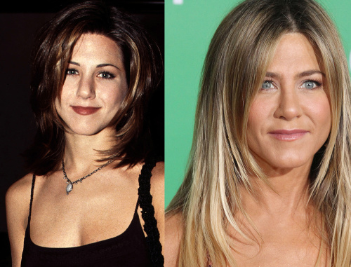 Herečka Jennifer Aniston vľavo ako 25-ročná a dnes 47-ročná.