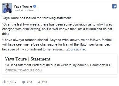 Yaya Touré takto reagoval na sociálnej sieti.