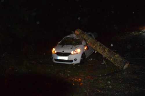 Vyvrátený strom spadol na auto, kde sedel mladý muž.