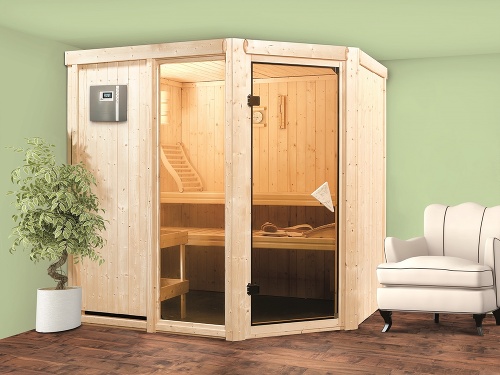 Atraktívna fínska sauna Fiona 2 s pôdorysom 196 x 170 x 198 centimetrov so skoseným rohom má dve lavice pre pohodlné saunovanie dvoch ležiacich alebo štyroch sediacich osôb. 