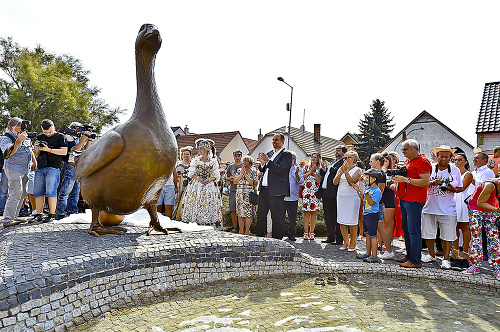 Súčasťou otvorenia Kráľovstva husaciny v Slovenskom Grobe bolo aj odhalenie takmer 3-metrovej sochy husi.