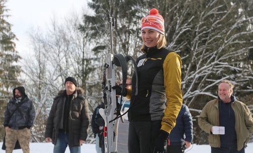 Slovenská biatlonistka Anastasia Kuzminová počas otvorenia novej biatlonovej strelnice v lyžiarskom areáli v Králikoch.