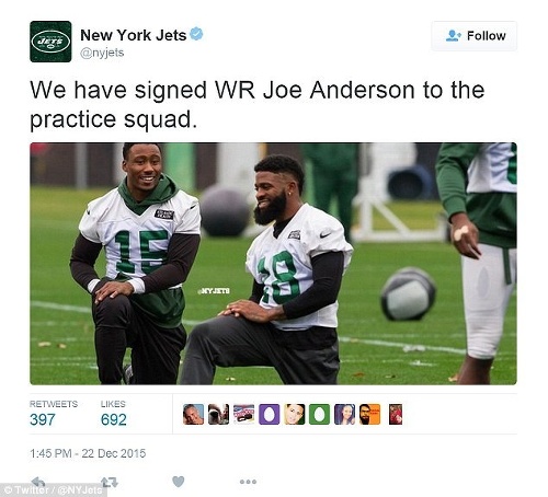 A Joe Anderson už na tréningu NY Jets, ktorý sa posilou pochválil na svojej stránke.