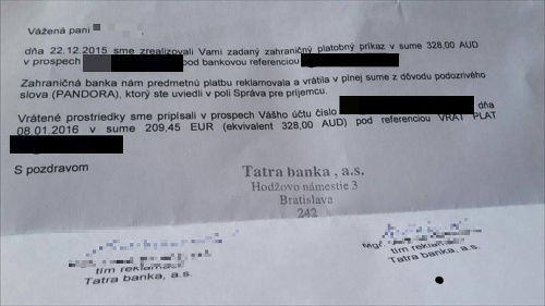 Namiesto šperkov, dostala takýto list od banky. Zahraničná banka transakciu stopla.