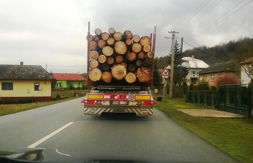 Vodič nákladiaka naloženého drevom má očividne zmysel pre humor.