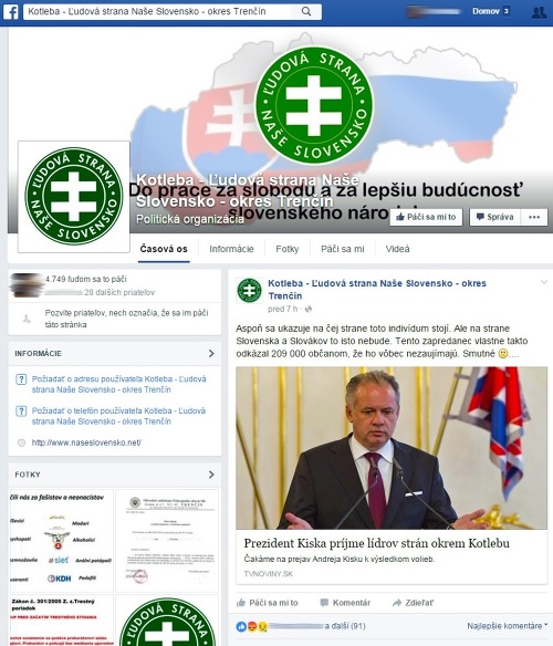 Fanpage: Ľudová strana Naše Slovensko - okres Trenčín.