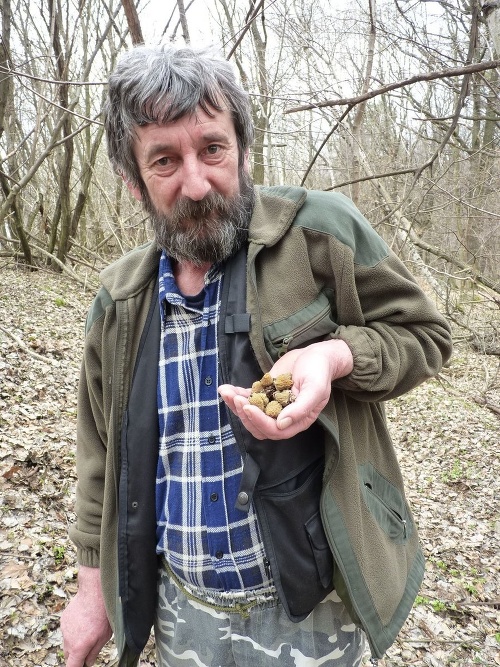 Ľudovít Petráš s prvým tohtoročným hubárskym úlovkom - smrčkovcami.