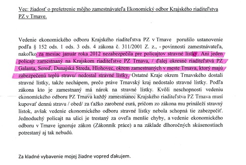 Zamestnanec KR PZ v Trnave sa na neschopnosť svojich nadriadených posťažoval v anonymnom liste.