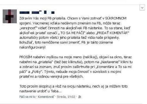 Jeden z facebookových hoaxov, ktorý sľubuje ochranu vášho súkromia.