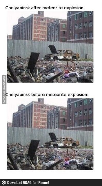 Čeľabinsk pred a po páde meteoritu: Svet si strieľa z ruského mesta.