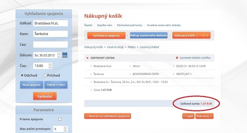 Lístok Šenkvice - Bratislava stojí cez internet 1,47.