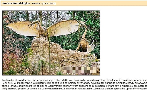 Na webe sa pokúšali predať aj mierumilovné pterodaktyly.