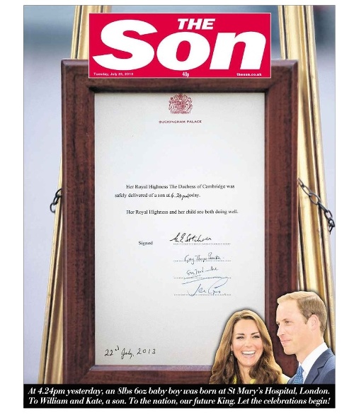 Britský bulvárny denník The Sun (slnko) sa deň po narodení budúceho kráľa premenoval na The Son (syn).