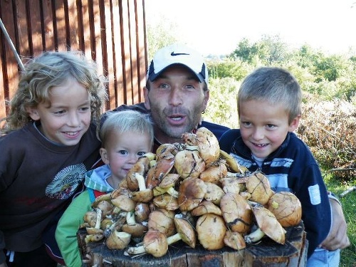 Úspešný hubár Robert so svojimi malými pomocníkmi zľava Jakubkom (9), Robkom (16 mesiacov) a Samkom (7).