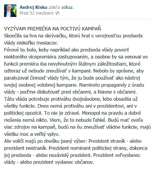 Reakcia Andreja Kisku na Ficovu kandidatúru na prezidenta.