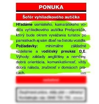 Inzerát na vodiča vyhliadkového Prešporáčika. Úspešný kandidát musí vlastniť vodičák ako na kamión.