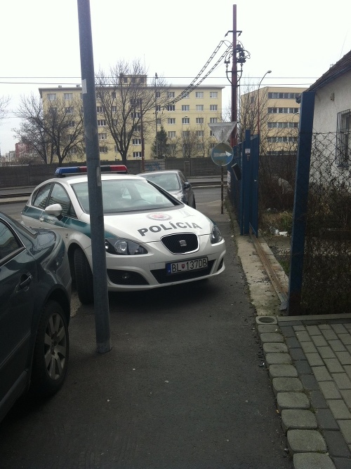 Policajné auto kuriózne zaparkované na Blatnickej ulici v Bratislave. 