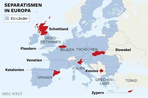 Mapa, na ktorej zaradili Slovensko medzi krajiny, v ktorých vládne separatizmus. 