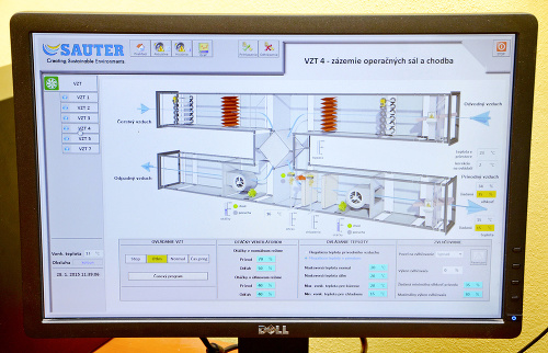 Monitor ovládania vzduchotechniky - teploty, prístupu vzduchu a vlhkosti - v operačných sálach.